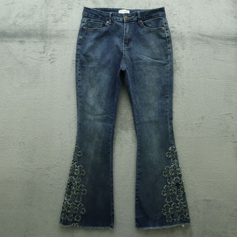 Bamboo Jeans Junior's Size 13 Blue High-Rise Flare Fray Hem 31.5" Inseam Stretch